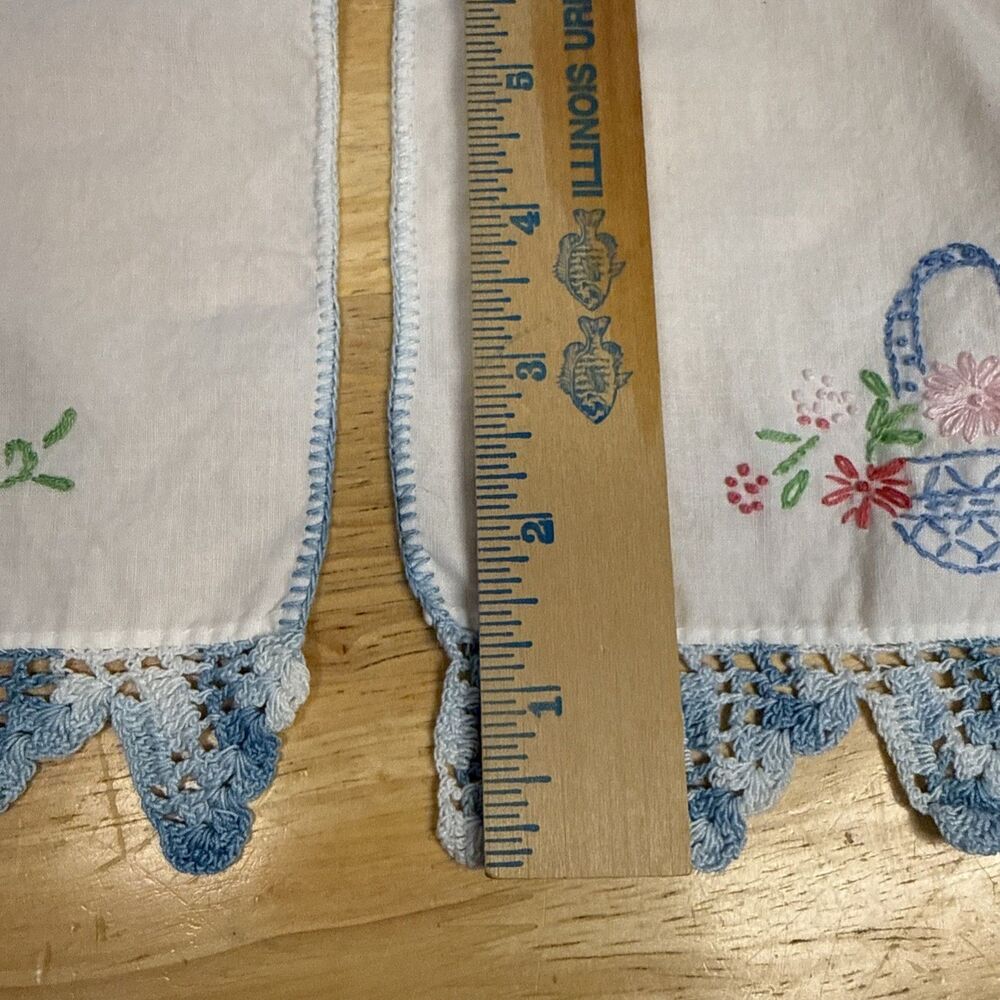 Embroidered Dresser Scarf Runner Flower Easter Basket Crochet Edge Set 2 13”x7” - Picture 7 of 9